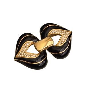 Vintage Gold Tone, Enamel and Pave Clear Swarovski Crystal Double Heart Brooch